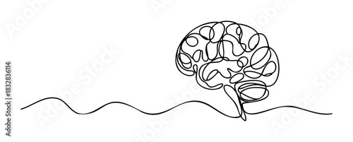Abstract continuous line drawing of a human brain with a wavy line below, symbolizing thoughts and ideas for medical, wellness, or educational projects.