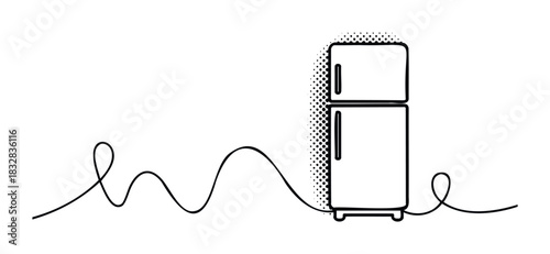 Stylized line drawing of a modern twodoor refrigerator with a wavy cord extending from its base, perfect for home appliance concepts and kitchen design visuals.