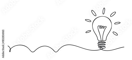 Single line drawing of a light bulb with radiating lines symbolizing inspiration and new ideas, perfect for innovation and problemsolving themes.