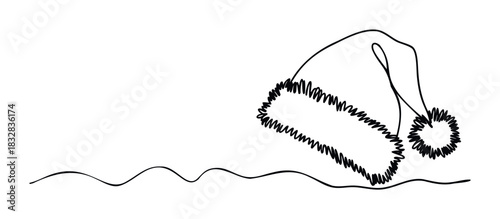 Single line drawing of a cozy Santa hat with a fluffy trim and pompom resting on a wavy surface, perfect for festive holiday projects and seasonal greetings.