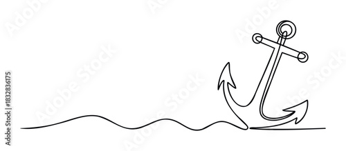 Minimalist single line drawing of a nautical anchor submerged in wavy water, perfect for maritime themes, seafaring adventures, and waterrelated concepts.