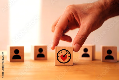 Customer Experience and Satisfaction Management Concept with Hand Selecting Heart Performance Indicator Among User Icons
