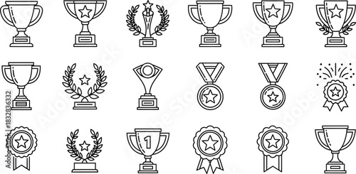 Collection of black and white line art icons representing various achievement award trophies cups and medals