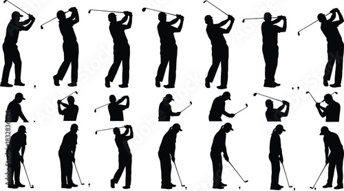 Silhouette set of a golfer in various stages of the swing motion