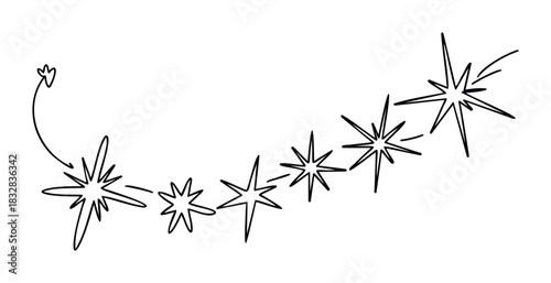 Hand drawn starburst sequence with connecting line and arrow indicating motion, perfect for motion graphics, special effects, or conceptual visuals representing progress and energy.