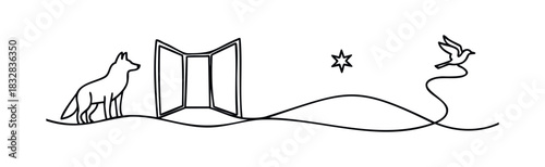 Minimalist line drawing of a fox looking at an open book with a bird flying away towards a star symbolizing imagination and storytelling for digital use
