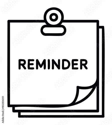 Simple line drawing of a sticky note with the word reminder written on it, attached with a clip, perfect for organizational needs and reminders in digital or print media.