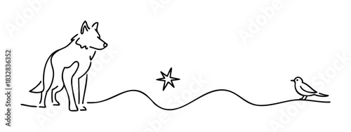 Minimalist line drawing of a wolf looking at a small bird across a wavy landscape, perfect for nature themes and animalrelated concepts