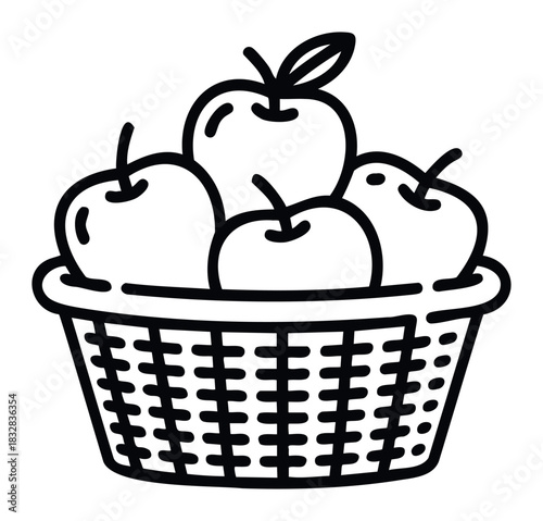 Line drawing icon of a woven basket filled with ripe apples, symbolizing fresh fruit and healthy eating for harvest or foodrelated projects