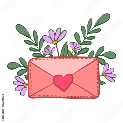 Cute letter with a heart surrounded by flowers. Flat envelope illustration.