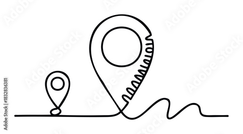 Simple line drawing depicting two map pin icons connected by a winding path, symbolizing travel and navigation planning for journey mapping and route finding.