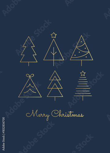 Minimal Christmas Card with Gold Line Trees on Dark Blue Background. Elegant Holiday Greeting.