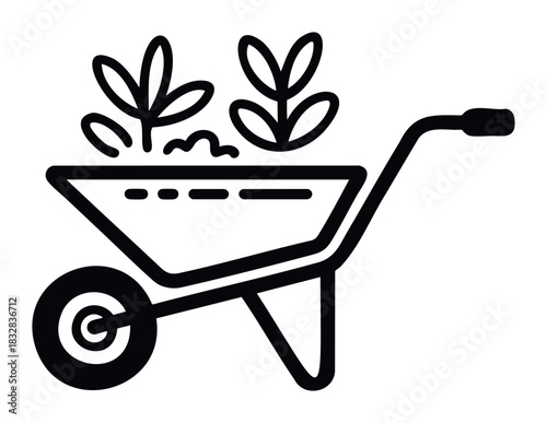 Black outline of a wheelbarrow with plants inside, representing gardening and farming, ideal for agriculture websites and garden supply promotions.