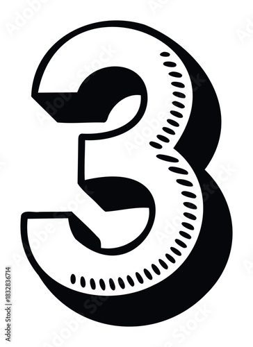 Bold numeral three shape with shadow effect and dotted texture for graphic design projects, educational materials, or celebratory announcements needing a distinctive visual accent.
