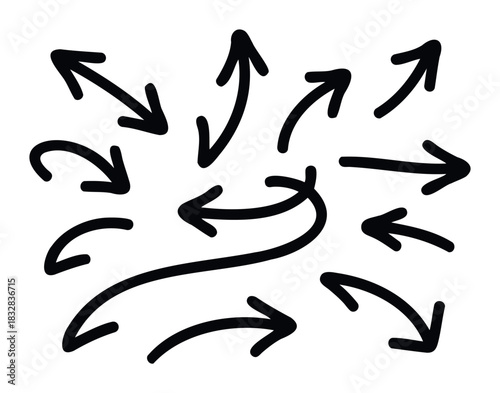 Collection of hand drawn arrows pointing in various directions symbolizing different paths and choices for guiding information or indicating movement.