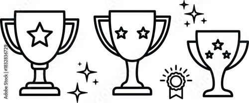 Set of three line art trophy icons with stars and award ribbon