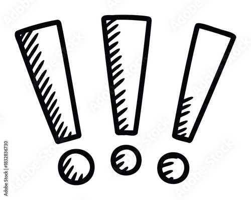 Bold exclamation marks hand drawn in a sketch style with dot bases, conveying emphasis and importance for presentations, alerts, or dramatic announcements.