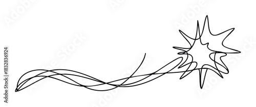 Abstract black line art depicts a dynamic, starburstlike shape trailing into swirling curves, ideal for modern graphics and energetic themes.