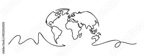 Abstract single line drawing of planet earth with flowing path signifying global connection and travel routes for international business or exploration