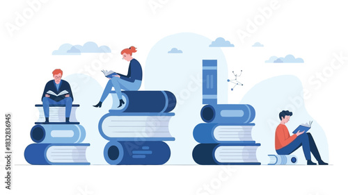 Charming whimsical bookstore illustration with geometric book shapes and vibrant colors for advertising