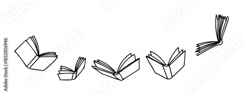 Collection of open books in different orientations and sizes depicted in a simple outline style suitable for educational or creative projects.