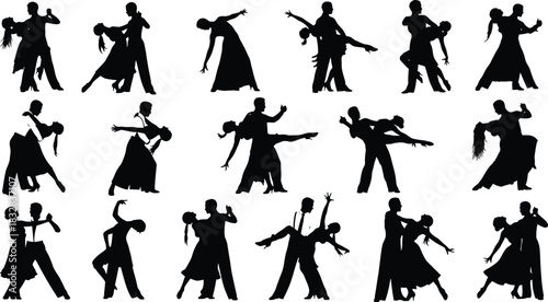 Collection of silhouette icons representing various dynamic ballroom and latin dance couple poses