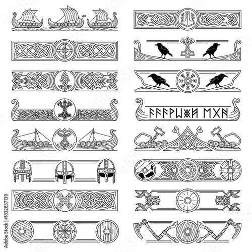 Viking-themed decorative elements with ships and symbols in black  