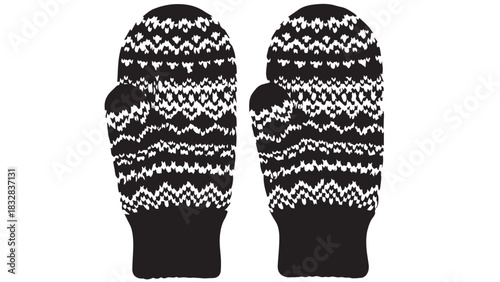 Knitted patterned mittens with black and white geometric design for winter warmth and handmade craft.