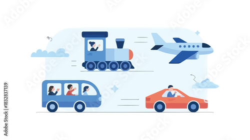 A vibrant and playful collection of diverse geometric vehicles and transportation icons in various bright colors