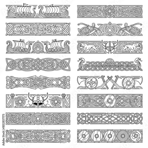 Viking symbols and runes in intricate black-and-white design  