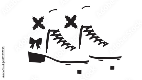 Minimalist black sketch of a pair of shoes resting on a surface, simple linework.