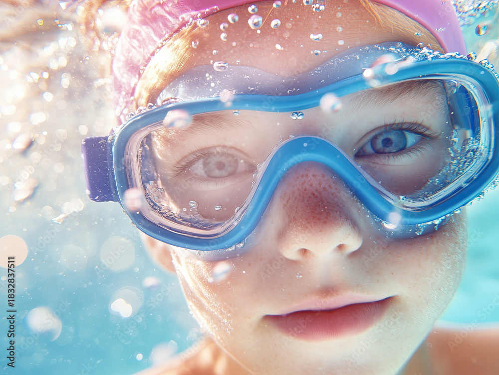 Naklejka premium A close-up of a young girl with goggles swimming underwater, surrounded by bubbles.
