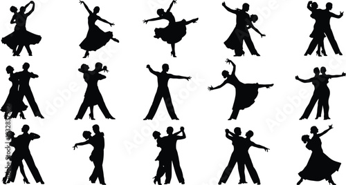 Collection of black silhouette icons representing various ballroom and social dance couples and solo dancer poses