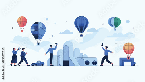 Whimsical hot air balloon festival with vibrant colors and playful atmosphere