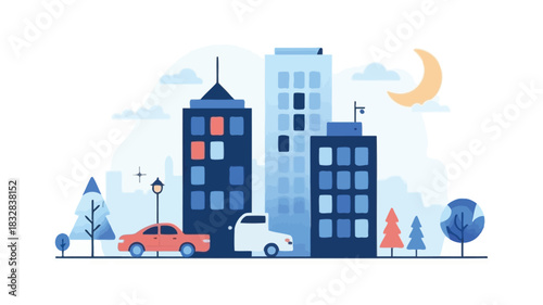 Minimalist city skyline at dusk with a single prominent building and vibrant sky colors