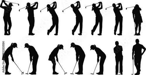 Silhouette collection of male and female golfer swing sequence and stance
