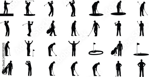 Collection of black silhouette icons depicting various stages and actions of a golfer playing golf