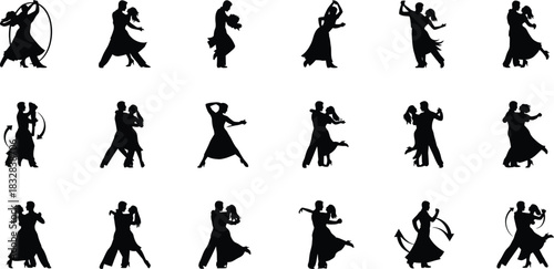 Collection of black silhouette icons representing various ballroom and latin dance couples in different poses