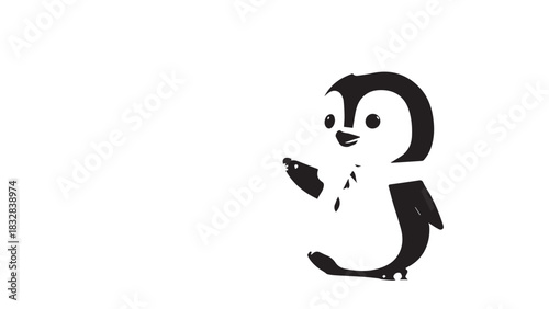 Playful monochrome penguin illustration featuring a tuxedoed mascot character in a cute, wintery Antarctic scene.