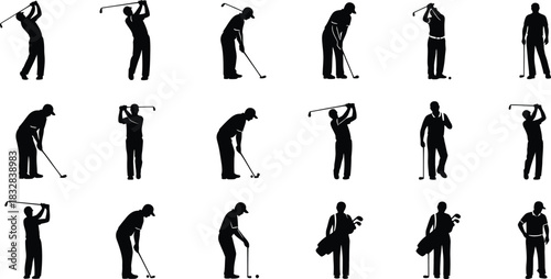 Collection of black silhouette icons depicting various stages of a golfers swing and stance