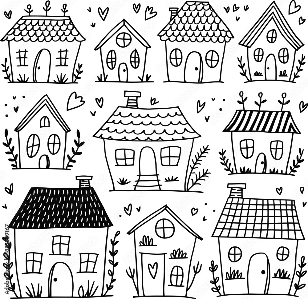 Fototapeta premium Hand drawn cute house doodle set. Whimsical cottage, home, and building vector collection