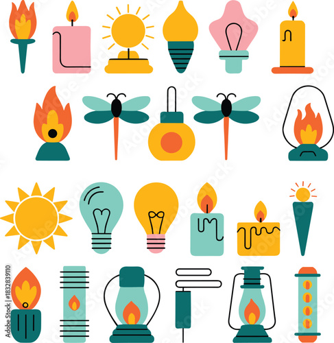 Collection of stylized light sources and insects torch