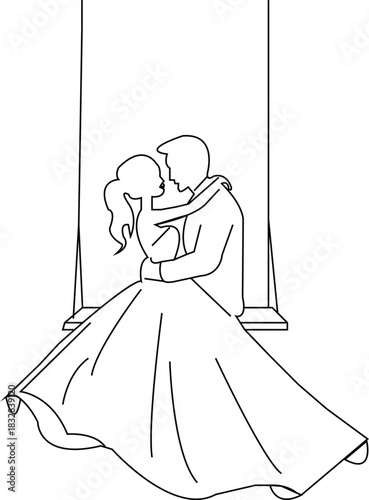 Romantic Couple on Swing Outline | Wedding Love Line Art Vector