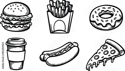 Hand drawn fast food doodle set. Burger, French fries, donut, hot dog, pizza slice, and coffee vector illustration