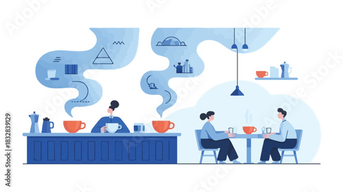 Abstract coffee shop scene with steaming cups and geometric shapes in vibrant colors