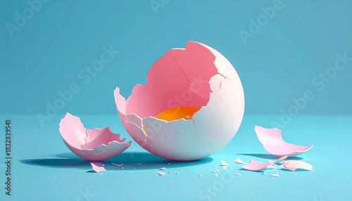A large pink egg with broken shell revealing orange yolk, placed on light blue surface with matching background.