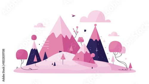 Whimsical mountain landscape illustration with rolling hills and a vibrant sky
