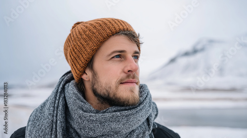 A young man smiles in a snowy winter forest. A guy walks outside in a park. Portrait of a man in the fresh air in winter. An active lifestyle in winter during vacation or holidays.