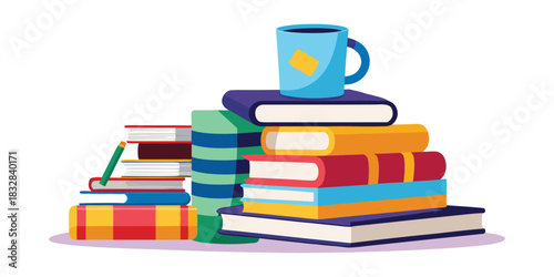 Stack of colorful books with a blue mug on top and a green pencil lying on the books stack
