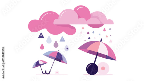 Minimalist abstract representation of falling raindrops with vibrant color splashes and clean lines